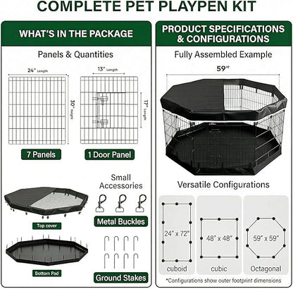 PJYuCien Dog Playpen with Top Cover and Bottom Pad - Metal Foldable Exercise Pen, 8 Panels 30" H x 24" W Indoor Outdoor Pet Fence Puppy Crate Kennel, Black