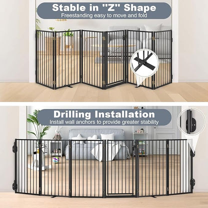 Metal Freestanding Dog Gates with Door for Outdoor Indoor,120'' Extra Wide 36'' Tall Free Standing Dog Gate for Doorways,Large Openings,Deck,Yard,Porch,Foldable Safety Pet Fence(Black,6 Panels)