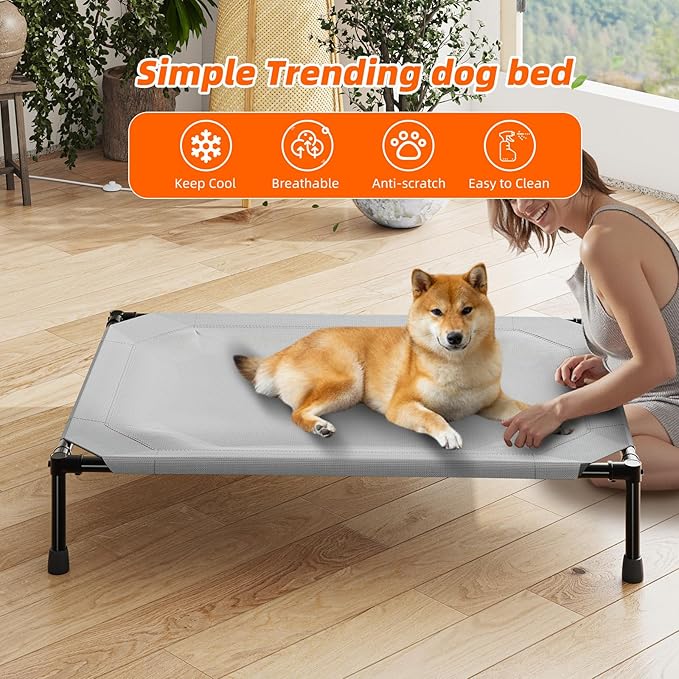 Simple Trending Raised Dog Bed for Large Dogs, Outdoor Elevated Dog Cot with Washable Breathable Mesh, Waterproof Cooling Pet Bed, 42" x 31", Grey