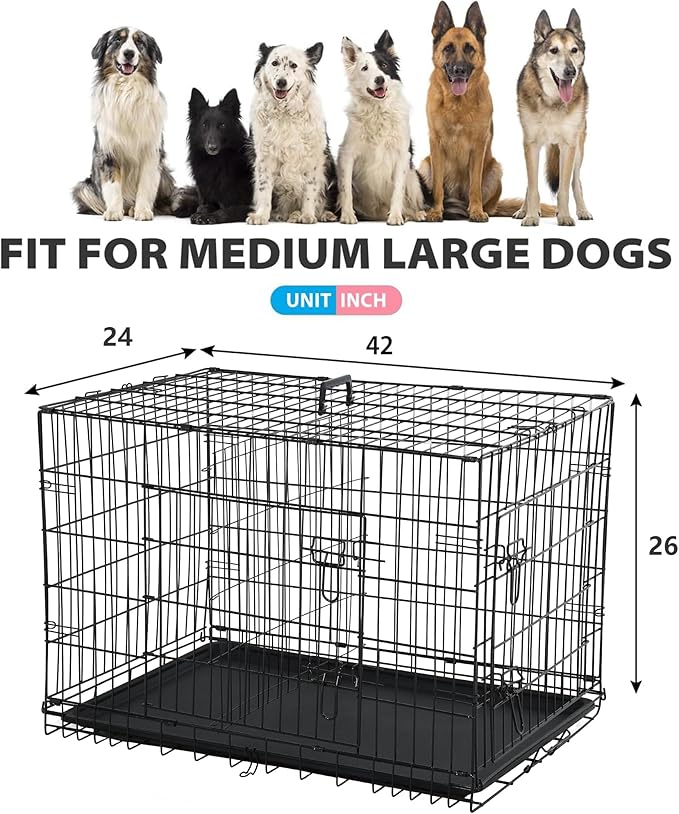 BestPet | 42" Dog Crate | Black | Foldable Metal Kennel with Double Doors, Secure Slide-Bolt Latches, Leakproof Tray | Portable Dog Cage for Large Breeds | for Travel, Indoor & Outdoor Use
