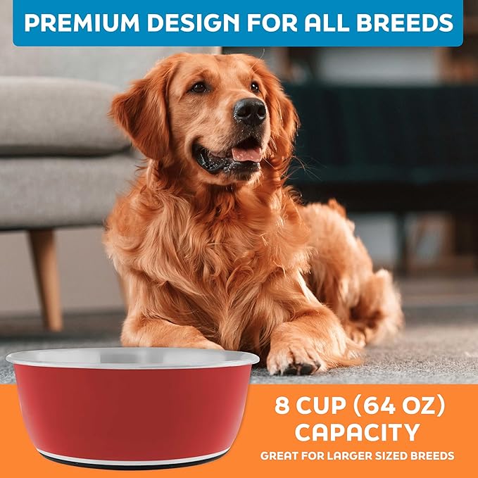 Master Pet Supply Stainless Steel Dog Bowls Set of 2 (64 Oz Each) with Non-Slip Rubber Base - Crimson Flame - Basic Dog Food Bowl Water & Food Bowls for Small Medium Large Dogs & Cats, Metal Dish