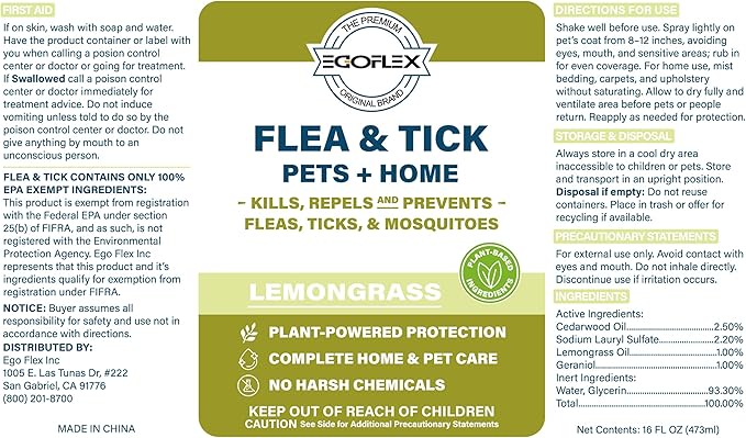 Flea Spray for Home & Pets - Flea and Tick Prevention for Dogs - Plant Based Repellent with Natural Essential Oils for Dog Flea Treatment Protection - Lemongrass Scent - 16 Fl Oz