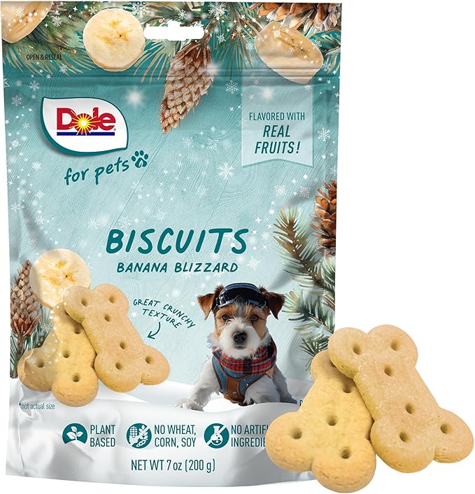 Dole for Pets Dog Biscuits Banana Blizzard Winter Flavor, Real Fruit Flavor Vegan Crunchy Treats, No Wheat Corn Soy or Artificial Additives, Bite Size Training Snacks for Dogs, 7 Oz