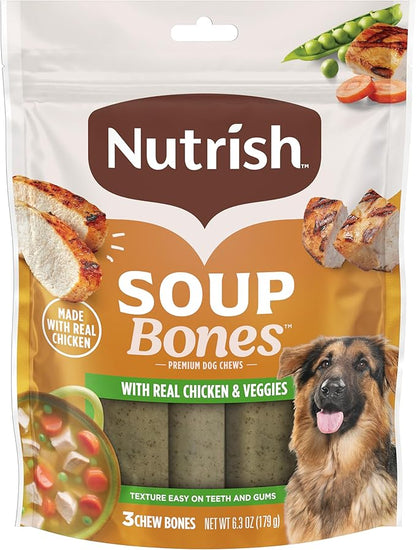 Nutrish Soup Bones Premium Dog Chews with Real Chicken and Veggies, 6.3 oz. Bag, Pack of 8 (Rachael Ray)