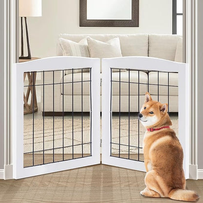 LZRS 2-Panel Freestanding Foldable Wood Dog Gate – Solid Wood & Steel Wire, Chew-Resistant Pet Barrier for Indoor Use, Ideal for Small to Medium Dogs, White