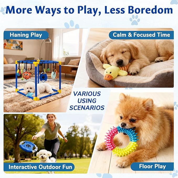 Puppy Play Gym with 16 Toys, Removable Dog Enrichment Playground, Interactive Indoor Training Activity Center for Small Dogs & Puppies, Teething & with Squeaky Toys, 12 Hanging Toys+4 Floor Toys
