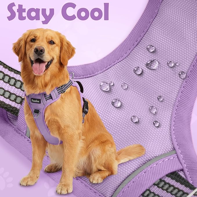 Funfox Dog Harness No Pull, Adjustable Pet Vest Harness, Super Soft Material with Vertical Handle Easy Control, Reflective Night Walking, 2 Leash Clips for Medium Sized Dogs, Purple, M
