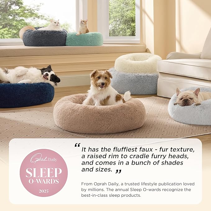Bedsure Calming Dog Bed for Small Dogs - Donut Washable Small Puppy Bed, 23 inches Anti-Slip Round Fluffy Plush Faux Fur Large Cat Bed, Fits up to 25 lbs Pets, Purple