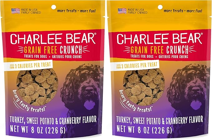 Charlee Bear Crunch Grain Free Dog Treat, Turkey, SweetPotato & Apple, 8 Ounce Resealable-Bag/Low Calorie Training Treat for Dogs. Limited Ingredient-Healthy-Crunchy Dog Snack, Made in USA (Pack of 2)