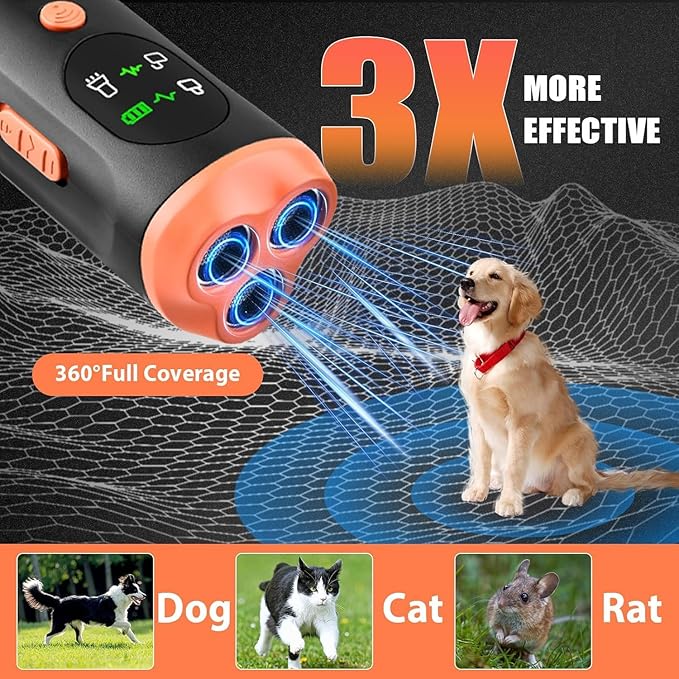 Lamido Ultrasonic Dog Bark Deterrent Devices with HD Display, 3 Emitters Anti Barking Device for Dogs, 35 FT Range, 2500 mAh Rechargeable Dog Training Tool for Indoors Outdoors Use