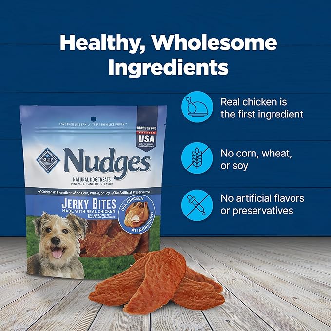 Blue Buffalo Nudges Jerky Bites Dog Treats, Made in the USA with Natural Ingredients, Bite-Sized Pieces, Chicken, 5-oz Bag