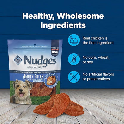 Blue Buffalo Nudges Jerky Bites Dog Treats, Made in the USA with Natural Ingredients, Bite-Sized Pieces, Chicken, 5-oz Bag