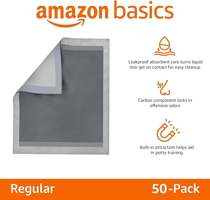 Amazon Basics Carbon Odor Control Dog and Puppy Pee Pads, 5-Layer Leak-Proof Super Absorbent, Quick-Dry Surface for Potty Training and Housebreaking, X-Large Size 28"x34", Gray, 50 Count