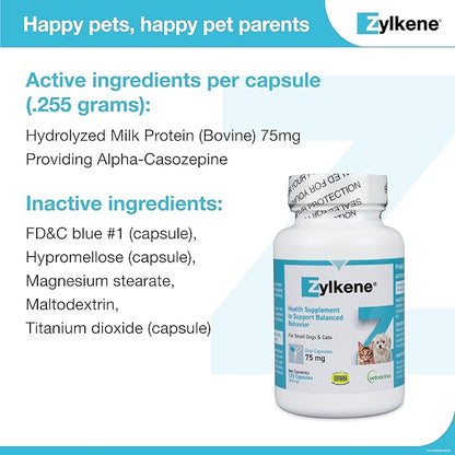 Vetoquinol Zylkene Calming Support Supplement for Small Dogs and Cats, Helps Promote Relaxation and Reduce External Stress Factors, Daily Behavioral Support and Anxiety Relief for Dogs and Cats, 75mg