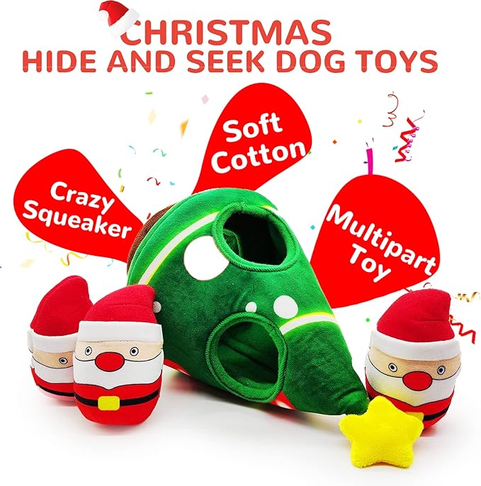 lilfrd Christmas Dog Toys, Dog, Xmas Christmas Tree, Santa Claus Hide and Seek Puzzle Squeaky Plush Rope Chew Fetch Brain Stimulating Toy Presents for Small Medium Dogs