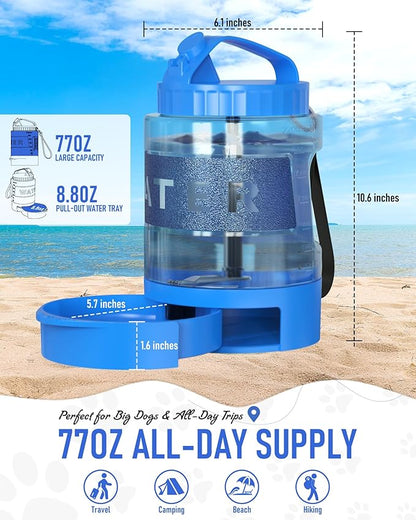 Portable Dog Travel Water Bottle, 77oz Large Dog Water Bowl Dispenser Portable, Leakproof Pet Drinking Bottle Dispenser for Hiking Camping Walking Travelling Beach Car Trips, BPA Free,Blue