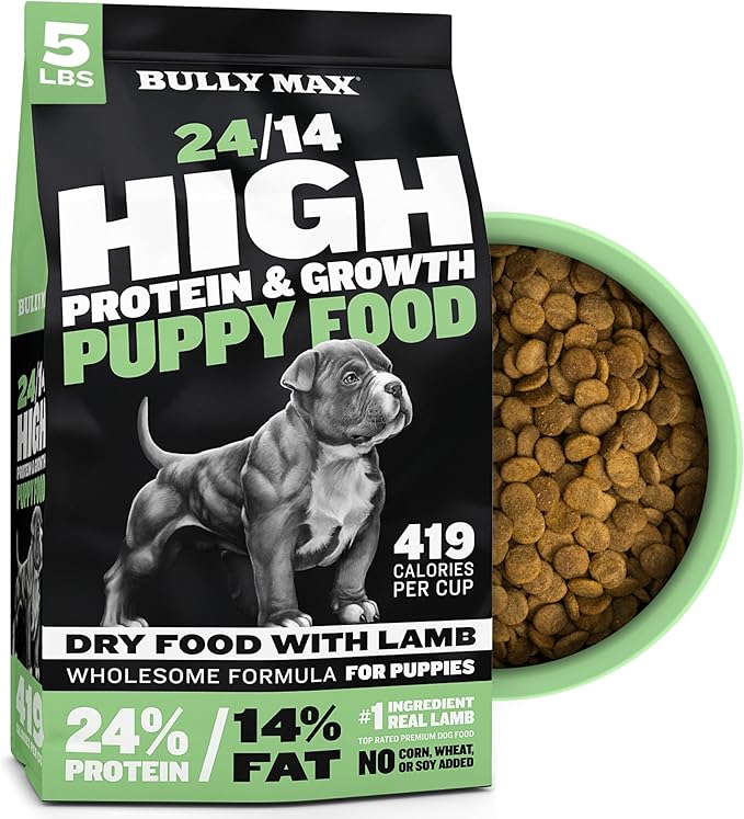 Bully Max Puppy Food 24/14 High Protein & Growth Formula - Dry Dog Food with Lamb and Rice for Small Dogs and Large Breed Puppies - Natural, Slow-Cooked, Sensitive Stomach Pet Food, 5-Pound Bag