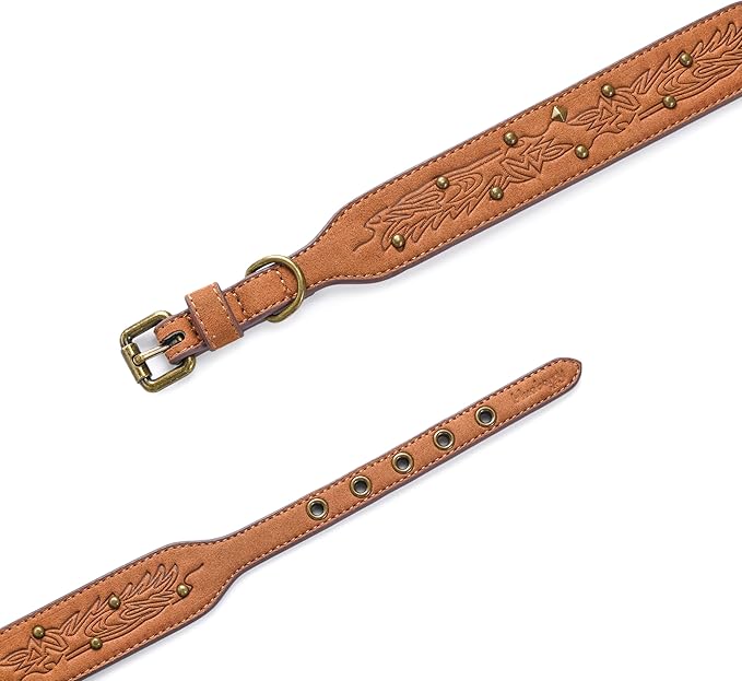 Blueberry Pet Premium Embossed Silver-Powered Freshness Microfiber Suede Leather Dog Collar in Saddle Brown