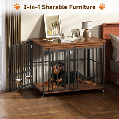 Cofiyard Dog Crate Furniture, 48’’ Wooden Dog Kennel Indoor with Sliding Front Door, Multi-Side Openings & Feeding Window Pet Cage House as TV Stand(Brown)