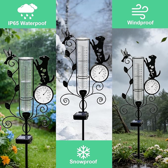 YJFWAL Dog Rain Gauge Outdoor, Decorative Metal Hummingbird Solar Rain Gauge with LED Light and Thermometer, Garden Decor for Yard, Lawn, Pathway, Farm