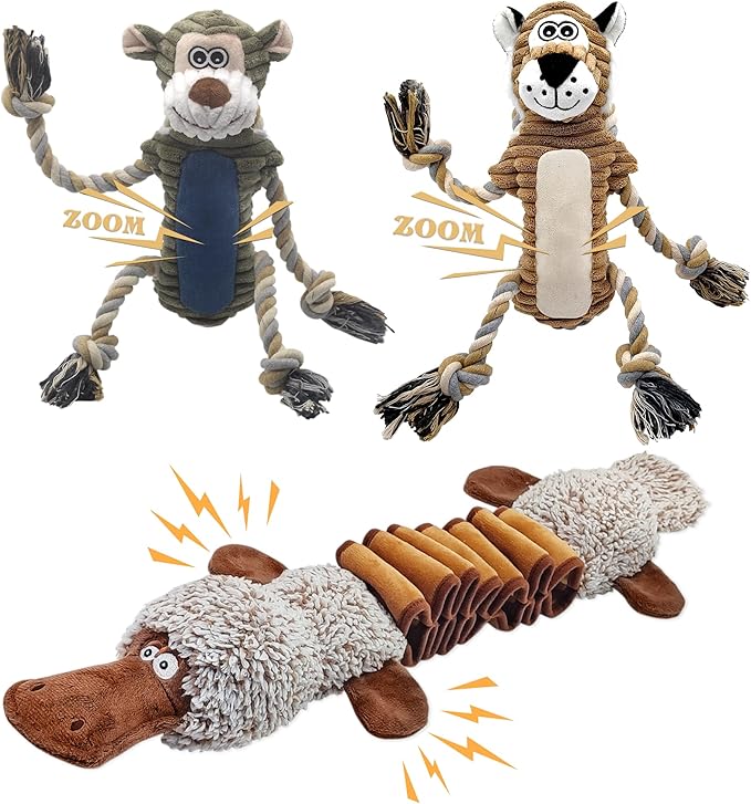 BUYPOW Dog Toys for Large Dog - Plush Squeaky Medium & Small Dog Toys (3pack Monkey & Patypus)