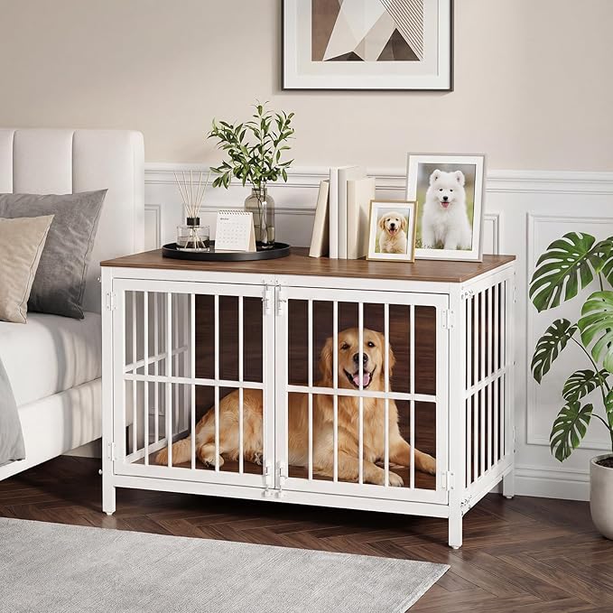HOOBRO Heavy Duty Dog Crate Furniture, 39.4" Wooden Indoor Kennel with 3 Doors, Chew Resistant Metal Cage for Medium and Large Breeds, Dog Crate Side Table, White and Walnut WH101GW03