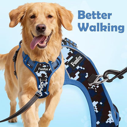 Funfox Dog Harness No Pull, Adjustable Pet Vest Harness, Super Soft Material with Vertical Handle Easy Control, Reflective Night Walking, 2 Leash Clips for Medium Sized Dogs, Mosaic Blue, M