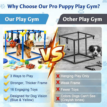 Puppy Play Gym with 16 Toys, Removable Dog Enrichment Playground, Interactive Indoor Training Activity Center for Small Dogs & Puppies, Teething & with Squeaky Toys, 12 Hanging Toys+4 Floor Toys