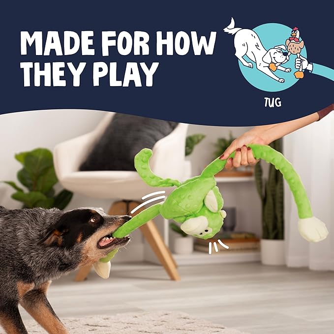 goDog Crazy Tugs Monkeys Squeaky Plush Dog Toy with Chew Guard Technology, Durable Fabric & Squeaker for Active Play, Green, Large
