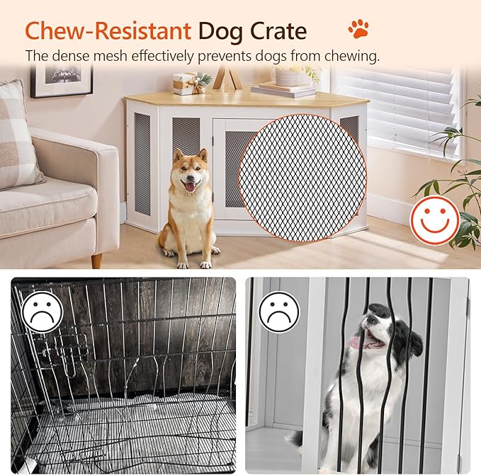 MAHANCRIS Corner Dog Crate Furniture, Wooden Dog Kennel End Table, Decorative Pet Crate Indoor Use, Furniture Style Dog House for Small Medium Dog, Dog Cage TV Stand, White and Natural DCBN0801