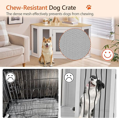 MAHANCRIS Corner Dog Crate Furniture, Wooden Dog Kennel End Table, Decorative Pet Crate Indoor Use, Furniture Style Dog House for Small Medium Dog, Dog Cage TV Stand, White and Natural DCBN0801