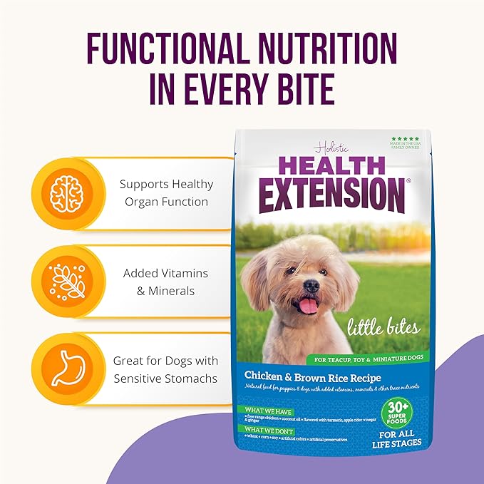 Health Extension Little Bites Dry Dog Food for Toy and Small Breeds, Chicken & Brown Rice Recipe, with Probiotics & Superfoods for Digestion & Coat Health, 4 lb Bag