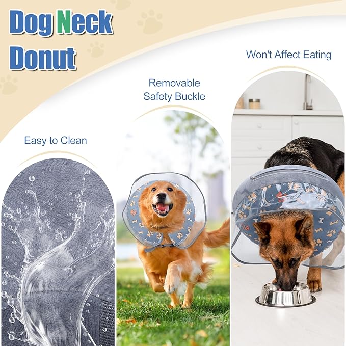 Inflatable Dog Cone Collar After Surgery, Large Dog Neck Donut Collar with Preventive Adjustable Anti-Licking Washable Pet Puppy Cone Collar for Small Medium Large Dogs & Cats (Gray, M)