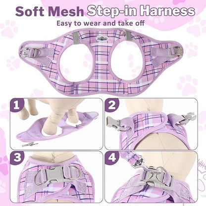 Gyuzh Dog Harness and Leash Set for Puppies - 3 Piece Step in No Pull Vest & Collar, Extra Small Kitten Harness, Breathable Reflective Plaid, Padded Leash (Purple, S)