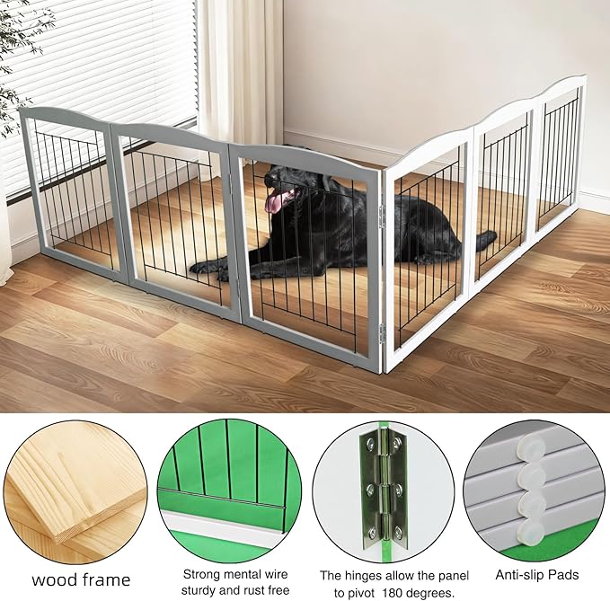 ZJSF Freestanding Foldable Dog Gate for House Extra Wide Wooden Grey Puppy Gate Stairs Dog Gates Doorways Tall Pet Gate 24" Height 6 Panels Pet Fence