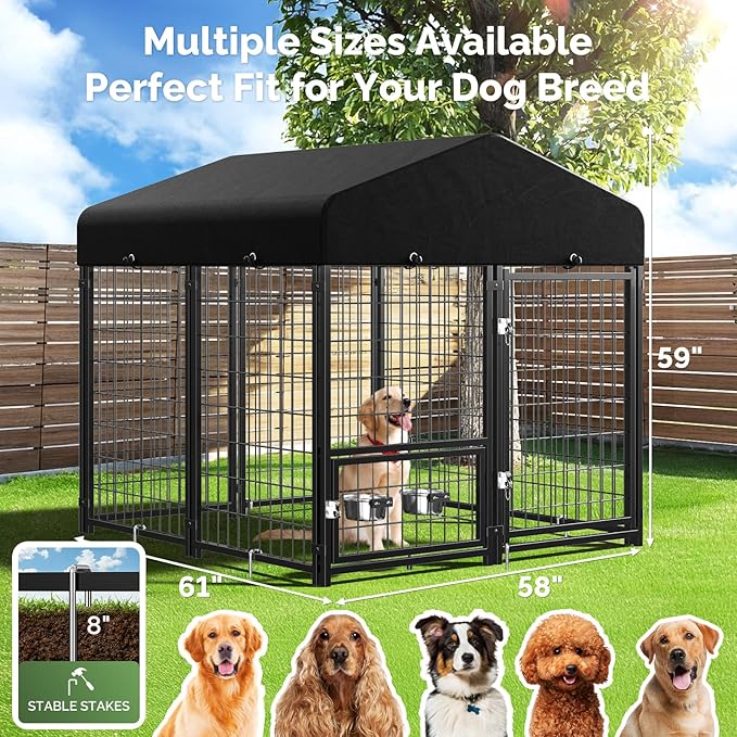 Sino Luban 2PCS Outdoor Dog Kennel Outside Run with Doggy Door, Swivel Feeder&Roof - 5x5x5FT Large Dog Kennels Pens Outside for Medium/Large Dogs - Heavy Duty Cage (Can Connect to Your Dog House)