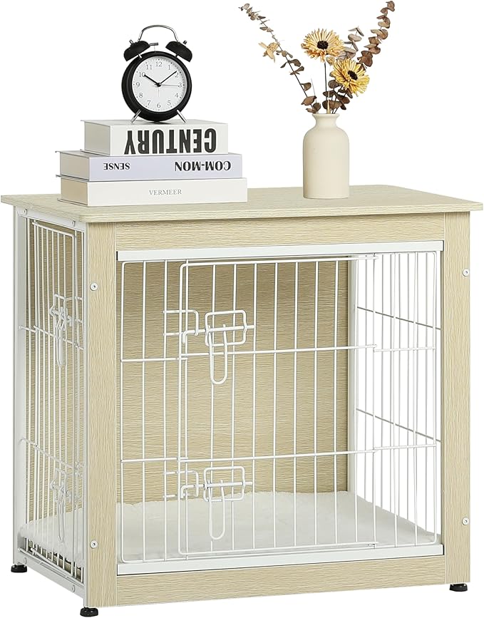 DWANTON Dog Crate Furniture with Cushion, Wooden Kennel Table with Double Doors, Indoor Dog House, Small/Medium/Large Size, 27.2" L, White Oak