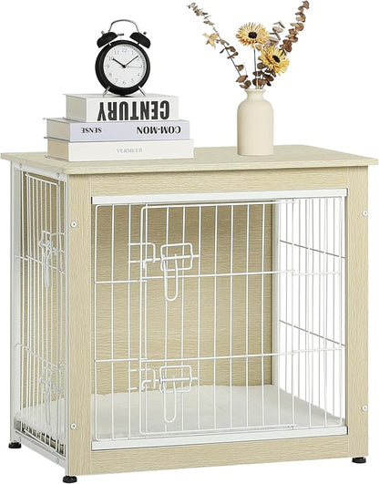 DWANTON Dog Crate Furniture with Cushion, Wooden Kennel Table with Double Doors, Indoor Dog House, Small/Medium/Large Size, 27.2" L, White Oak