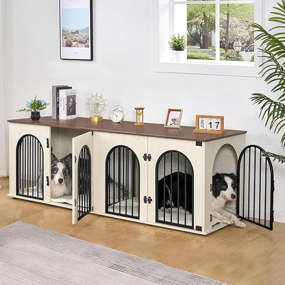 Hzuaneri 71" Dog Crate Furniture for 2 Dogs, Heavy Duty Indoor Dog Kennel TV Stand, XL Wooden Dog Cage with Divider for Medium Large Dogs, End Table Dog Crate with Cushion, White Brown DFC81914B