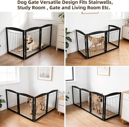 ZJSF Freestanding Foldable Dog Gate for House Extra Wide Wooden Black Puppy Gate Stairs Dog Gates Doorways Tall Pet Gate 3 Panels Pet Fence