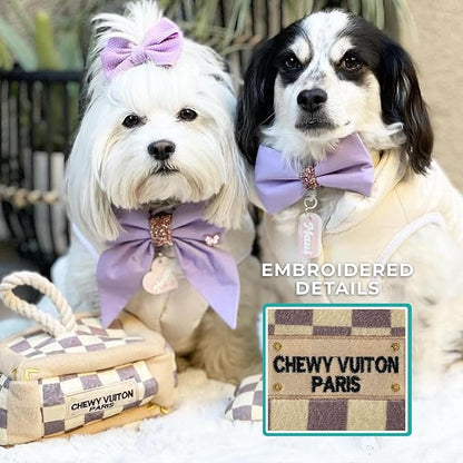 Haute Diggity Dog Chewy Vuiton Trunk Puzzle with 3 Plush Squeaky Dog Toys, Soft Durable Designer-Inspired Stuffed Puppy Chew Toys for Small & Medium Dogs, Machine-Washable (Tan Checker) One Size