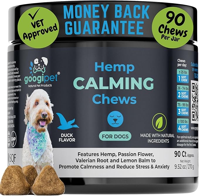 Googipet Daily Hemp Calming Chews for Dogs - Separation Anxiety Relief for Dogs, Non-Drowsy Dog Calming Chews Dog Anxiety Relief Treats with Valerian Root, & Hemp