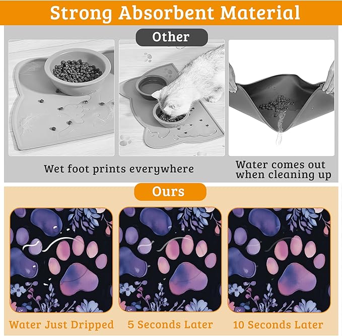 Paw Print Dog Food Mat,Watercolor Flower Absorbent Pet Feeding Mat for Food and Water Bowl,Quick Dry Dog Placemat Non Slip Rubber Backing Waterproof Pet Supplies 12" x 20"