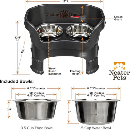 Neater Feeder Deluxe Mess-Proof Elevated Dog Bowls for Medium Dogs (19–40 lbs), 2 Height Adjustable (10” & 12.5”) No-Spill Raised Dog Bowl Stand, Stainless Steel Food Bowl Set, Made in USA, Black