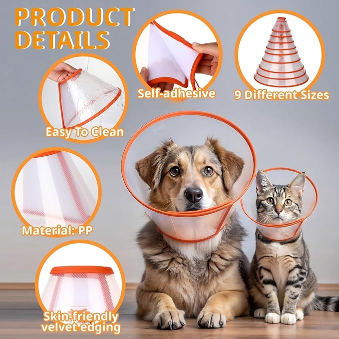 Paterr 9 Pcs Soft Dog Cone Collar Adjustable Protective for Pet Flexible Plastic Cone for Dog After Surgery Recovery E Collar for Wound Healing Small Medium Large (Orange Border)