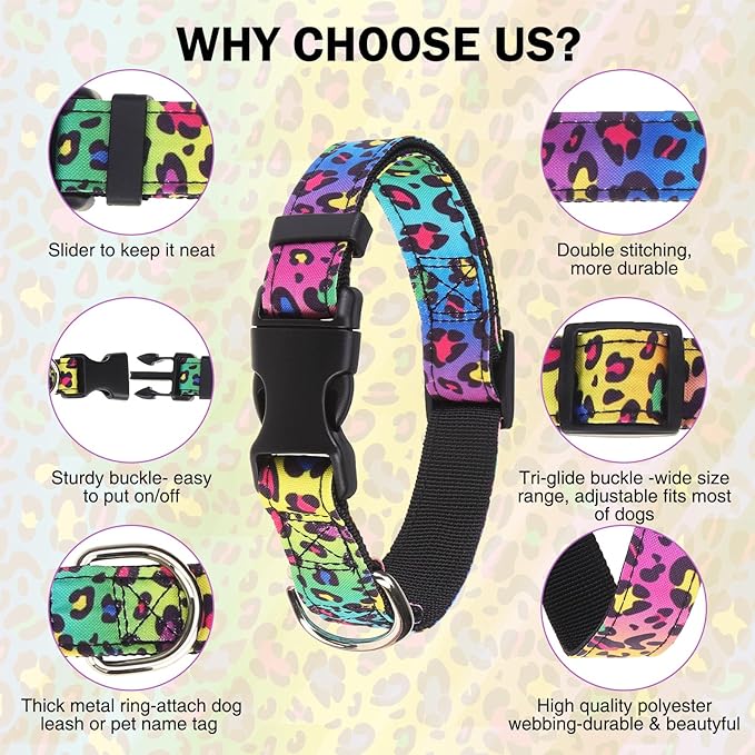Dog Collar and Leash Set for Small Dogs, Adjustable Soft Puppy Collar with Quick Release Buckle, 5FT Heavy Duty Nylon Matching Leash for Boy Girl Chihuahua, Yorki, Bulldog, Leopard XS