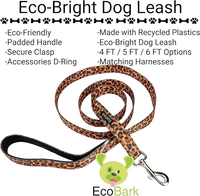 EcoBark Dog Leash - Soft & Reflective Comfort Leash with Padded Handle - Safe, Strong. & Durable for Small, Medium or Large Dogs (Cheetah)