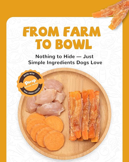 PAWUP Dog Treats Chicken Jerky Wrapped Sweet Potato, Natural Ingredients w/Taurine, Grain Free Dog Treats, 12.5 oz