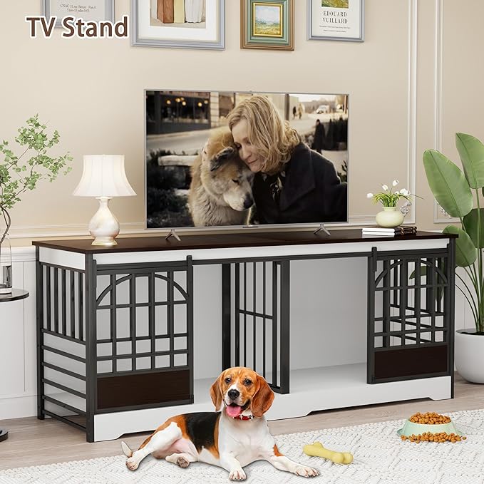 COZPAW 78 Inch Double Dog Crate Furniture, Extra Large Dog Kennel Indoor for 2 Dogs, Heavy Duty Dog Cage with Divider, Wooden Dog House Decorative Table TV Stand for XLarge Dogs (White&Brown)