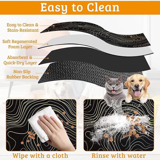 Dog Bowl Mat,Abstract Map Pet Feeding Mat for Floors Waterproof,Golden Lines Texture Absorbent Dogs Placemat for Food and Water Quick Dry Pet Cat Feeding Mats with Non Slip Bottom 12" x 20"